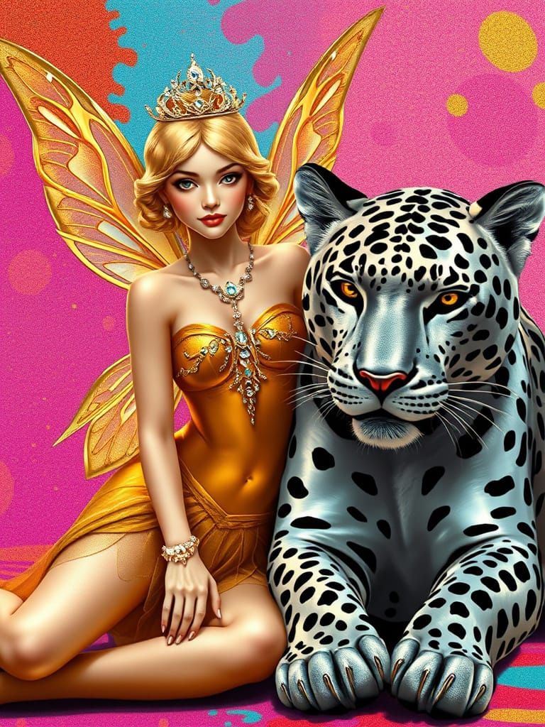 Golden Fairy and Silver Jaguar in Art Deco Elegance