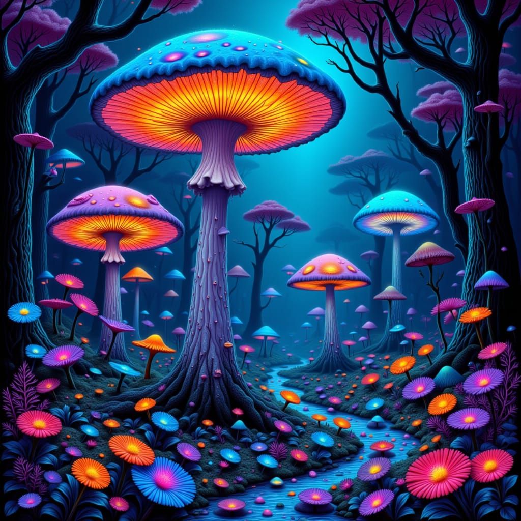 Ethereal Mushroom Forest with Bioluminescent Life