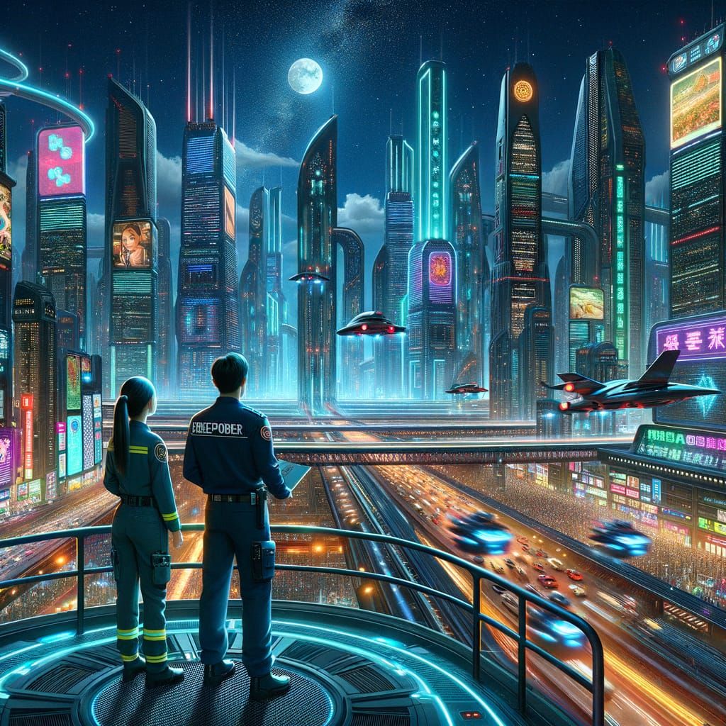 Futuristic Neon Cityscape with Flying Cars at Night