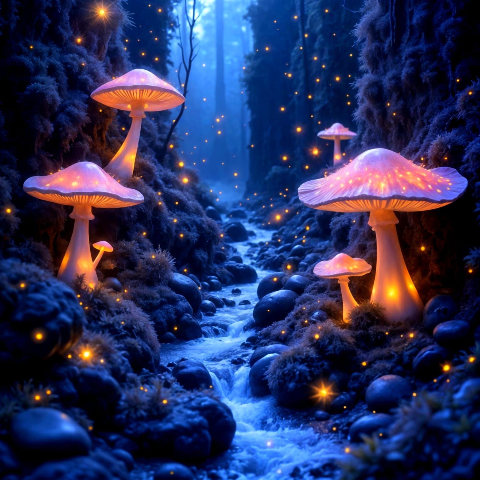 Glowing Mushrooms Amidst Crystal Waters