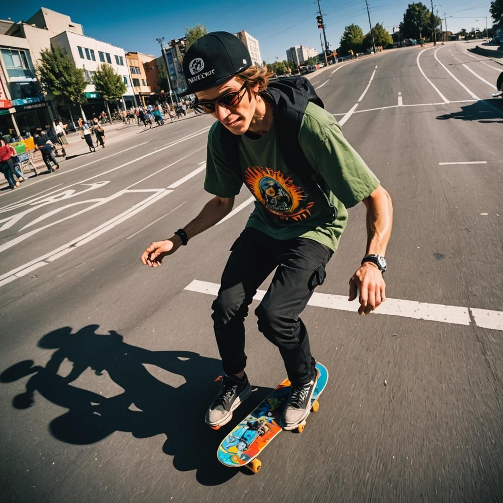 Skateboarder in Vibrant City Street: Street Photography