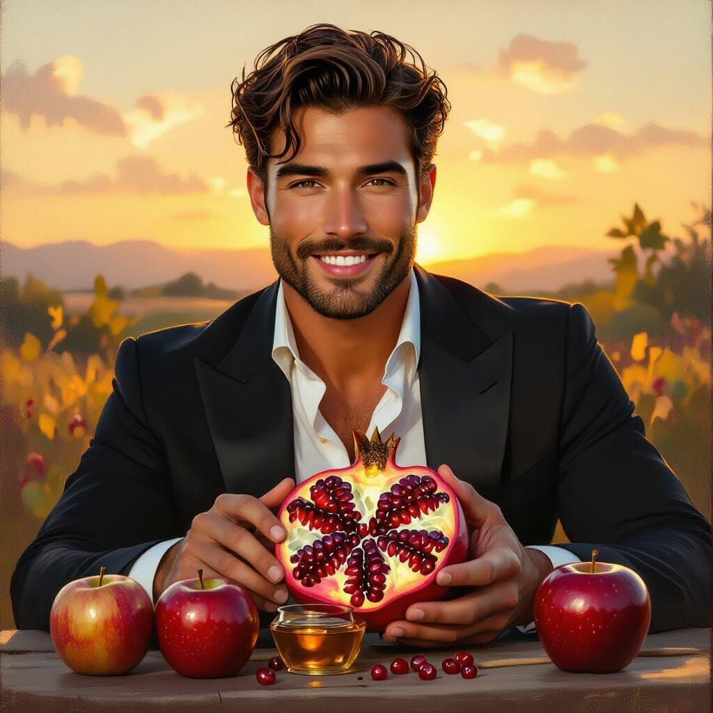 Elegant Man With Pomegranate, Apples, and Honey