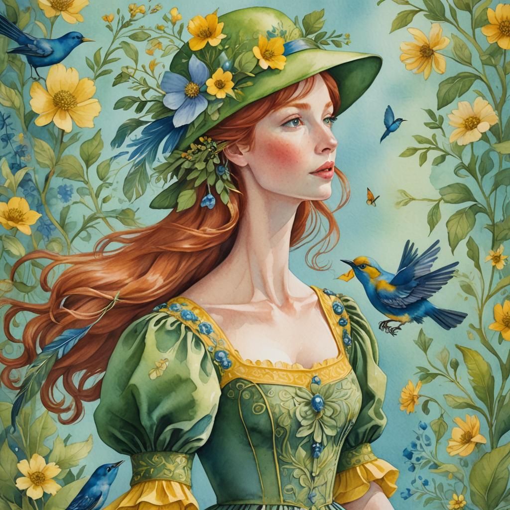 Thumbelina on Blue Bird in Folk Art Style