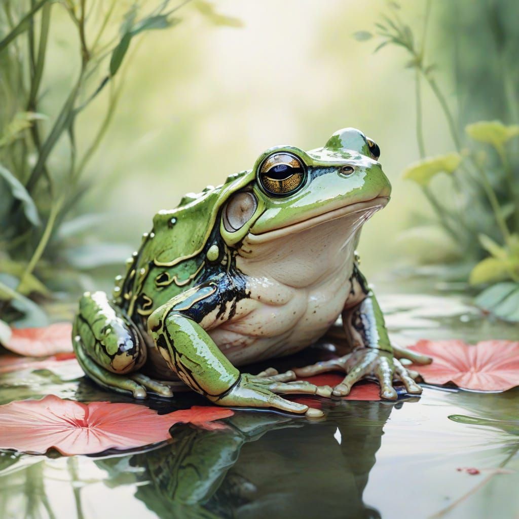 Meditating Frog in Japanese Garden, Watercolor Style