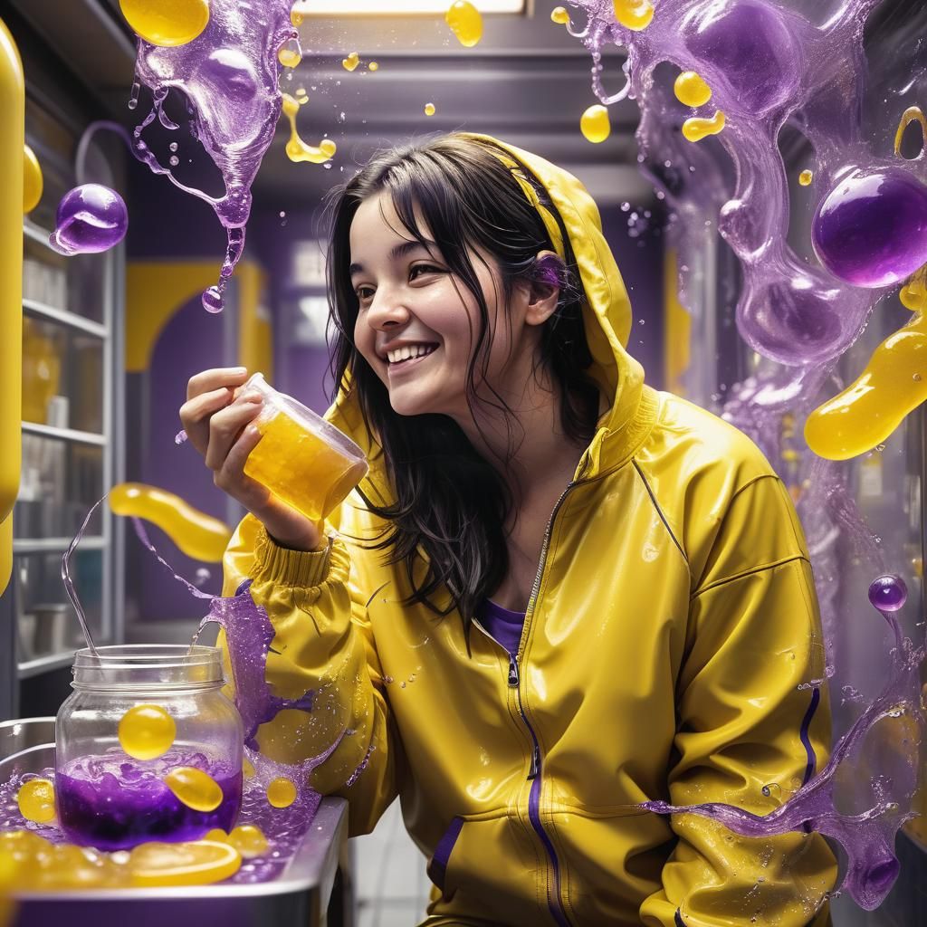Woman in Yellow Amidst Purple Jelly: Hyperrealistic HDR