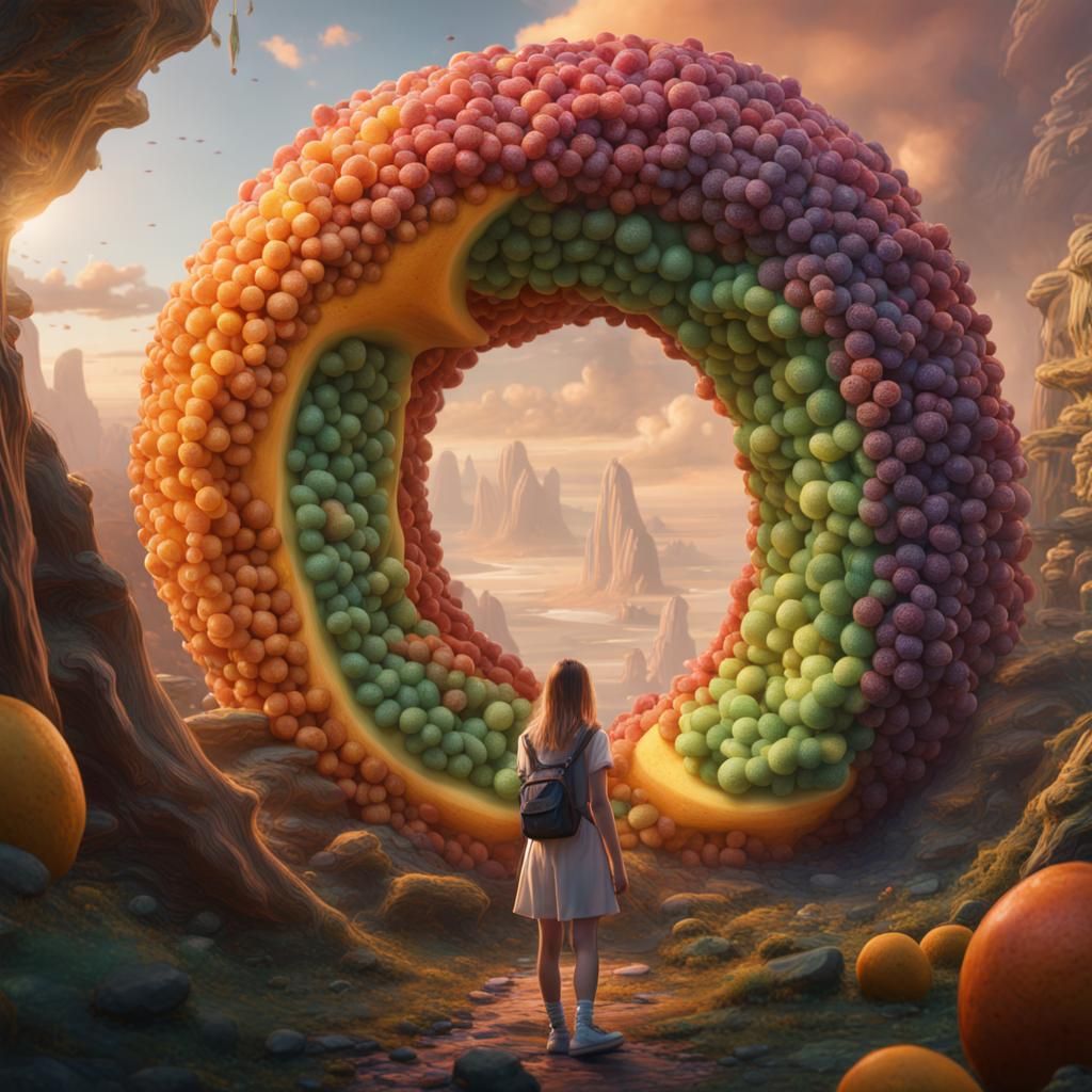 Girl Looks Through Giant Fruit Loop: Matte Painting