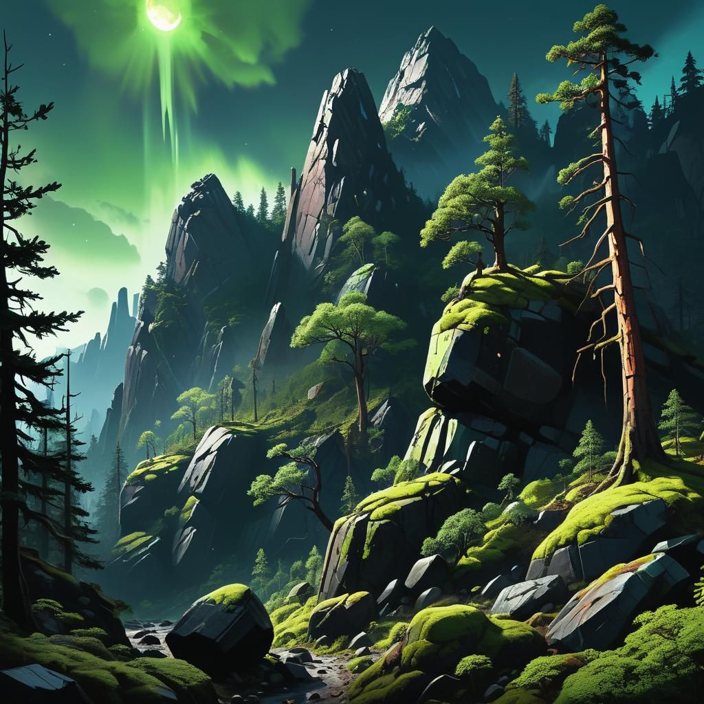 Ethereal Woodland Landscape with Aurora Borealis