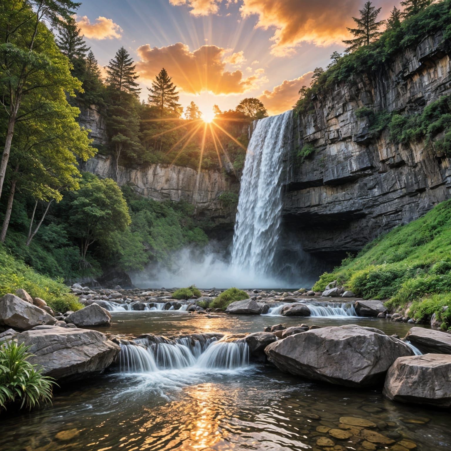 Majestic Waterfall at Sunset: A Scenic Vista