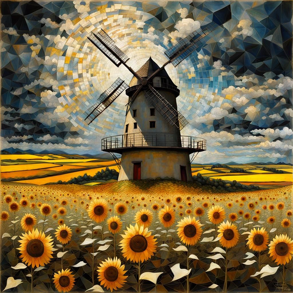 Sunflower Windmill with Sunrays: Surreal Mixed Media