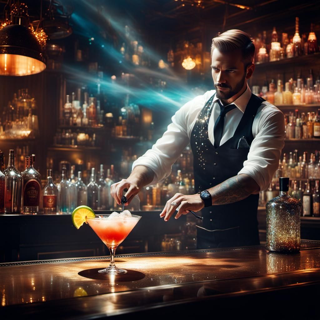 Fantasy Tavern Bartender Mixing Cocktails, by Russ Mills