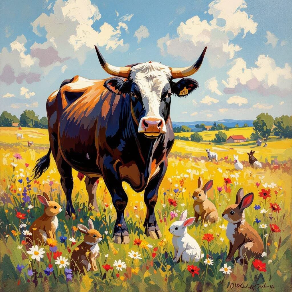Majestic Bull in Field with Woodland Animals as Impressionis...