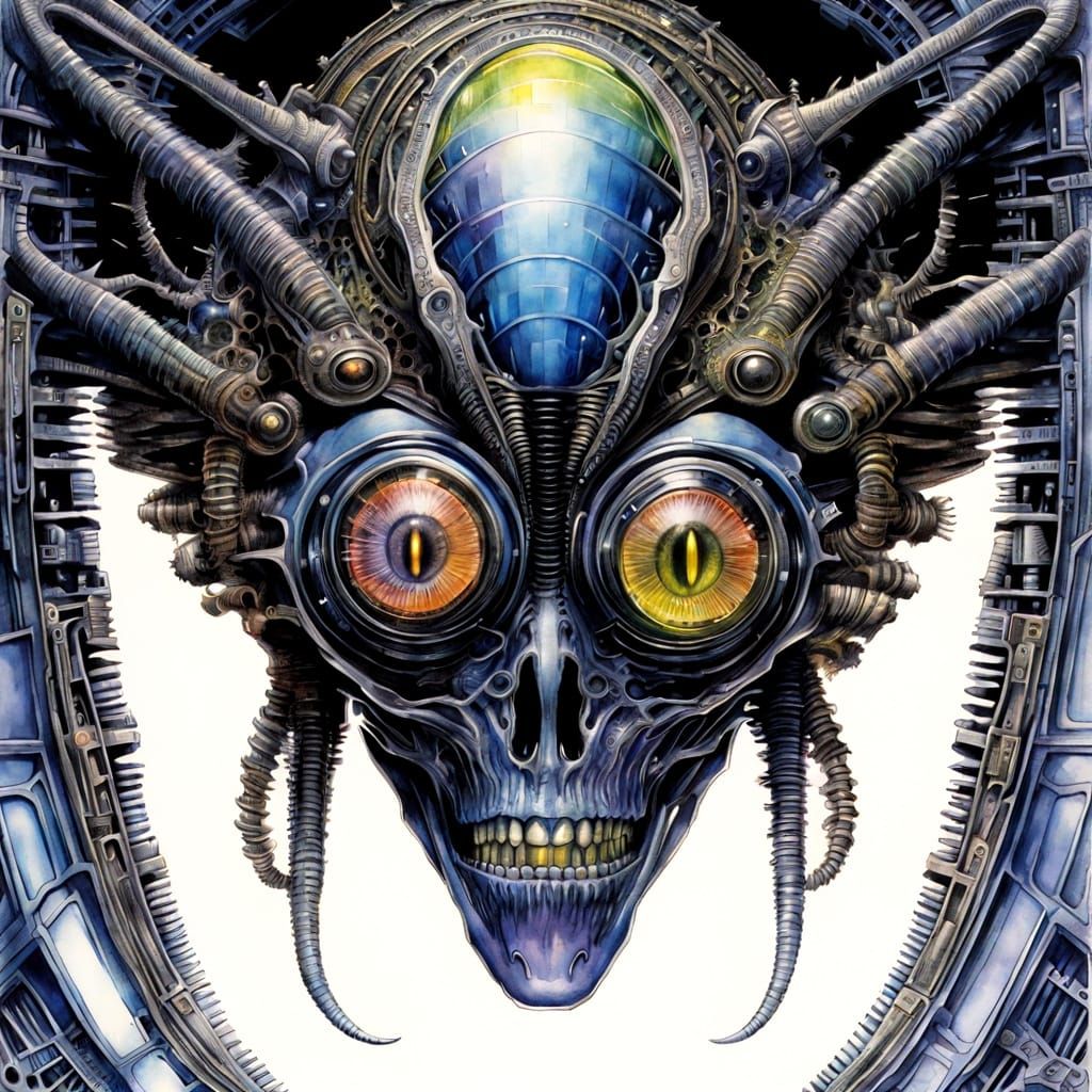 Steampunk Xenomorph with Compound Eyes in Watercolor