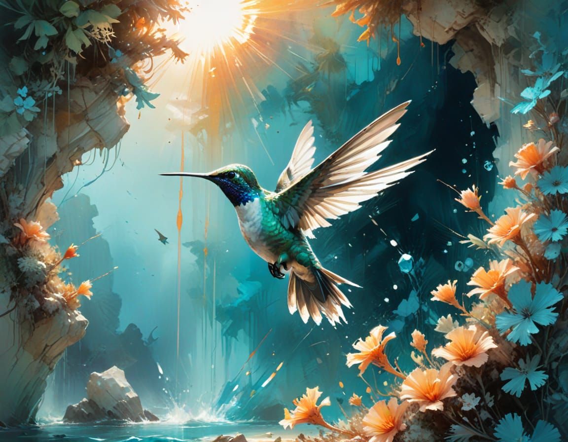 Hummingbird Flight Over Coral Arch in Watercolour Style