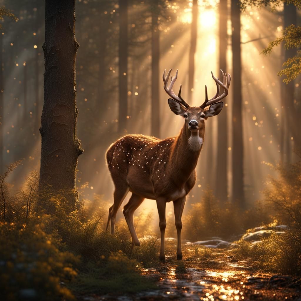Deer in Sunlit Forest: Photorealistic CGI Masterpiece