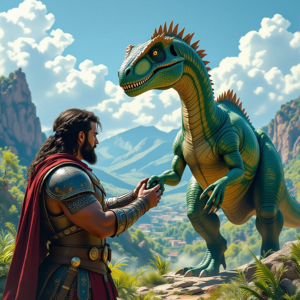 Etruscan Warrior Shakes Hands With Dinosaur in Lush Landscap...