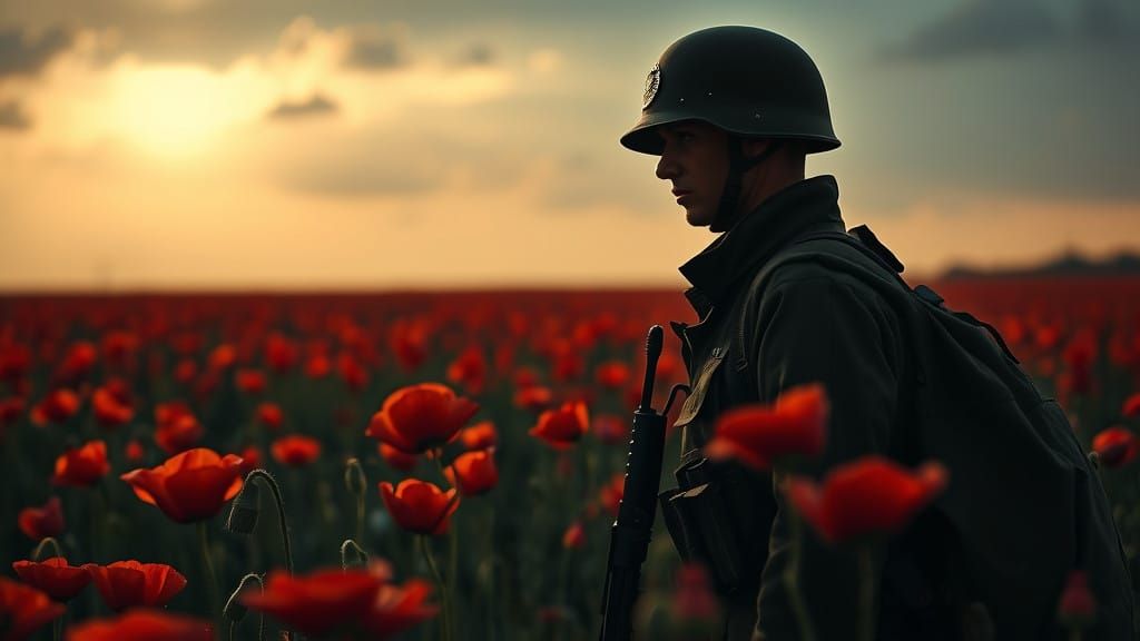 Soldier Amidst a Field of Poppies in Hyperrealistic HDR