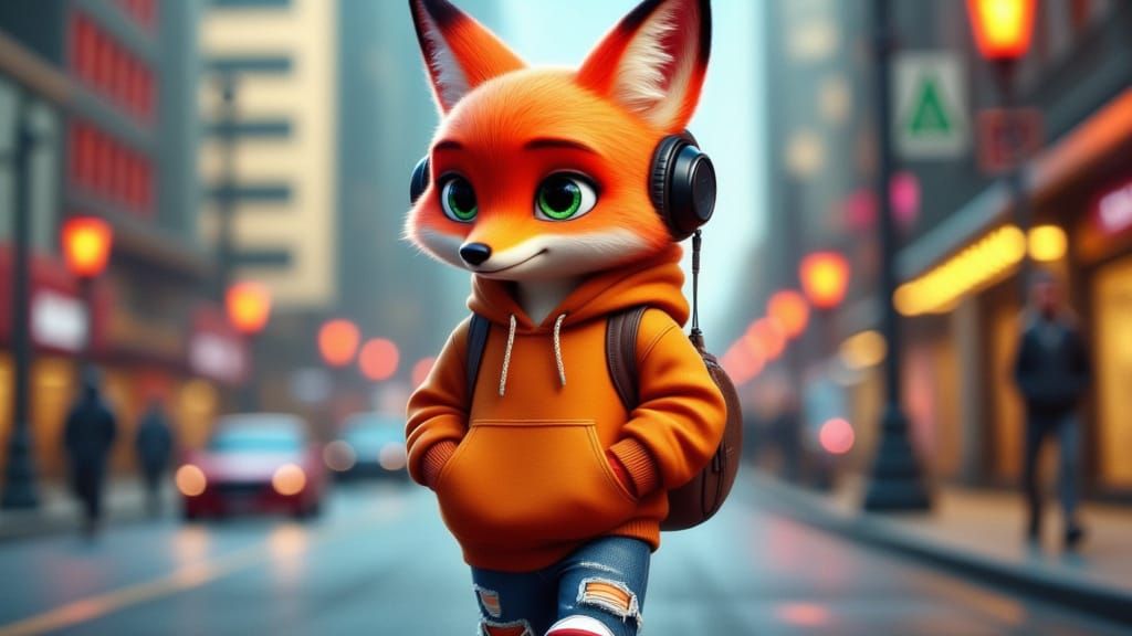 Realistic Anthropomorphic Fox Embodies Urban Coolness in Cit...