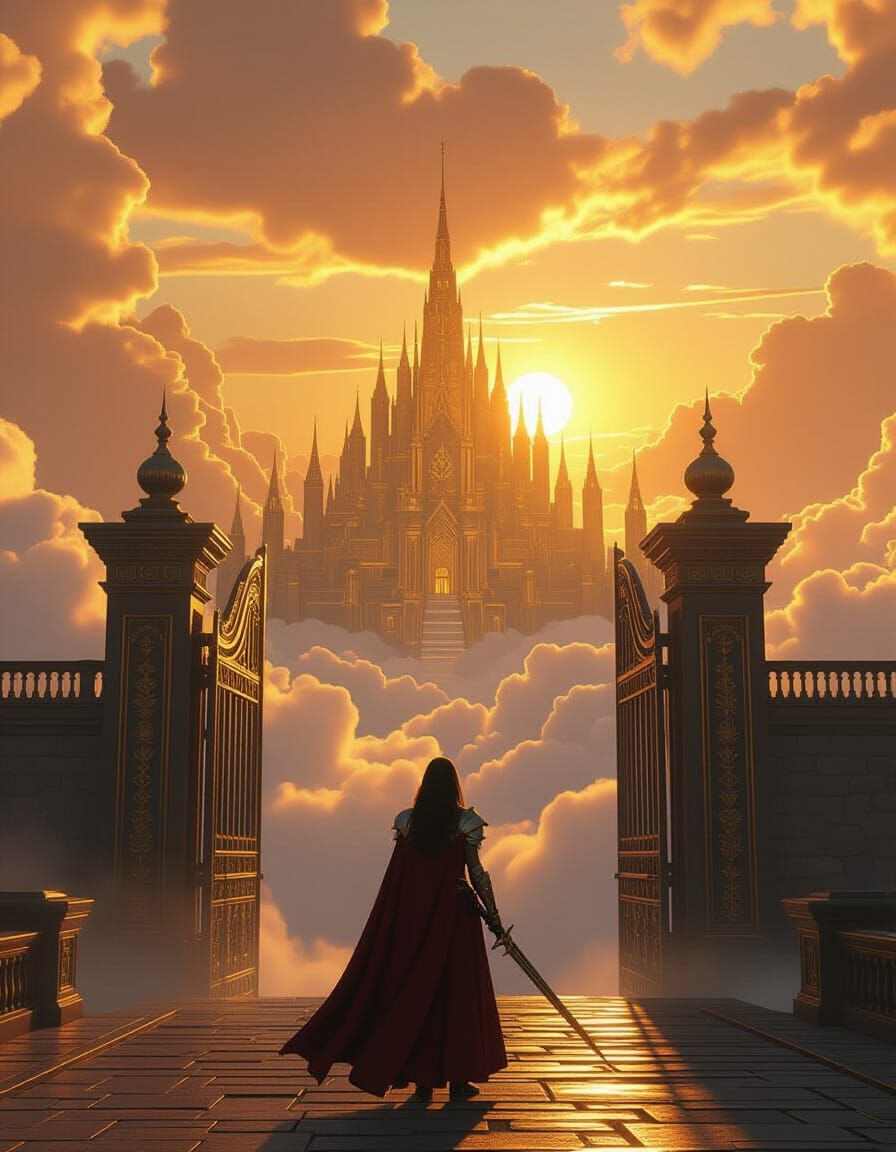 Female Knight at Golden City Gates: Digital Matte Painting
