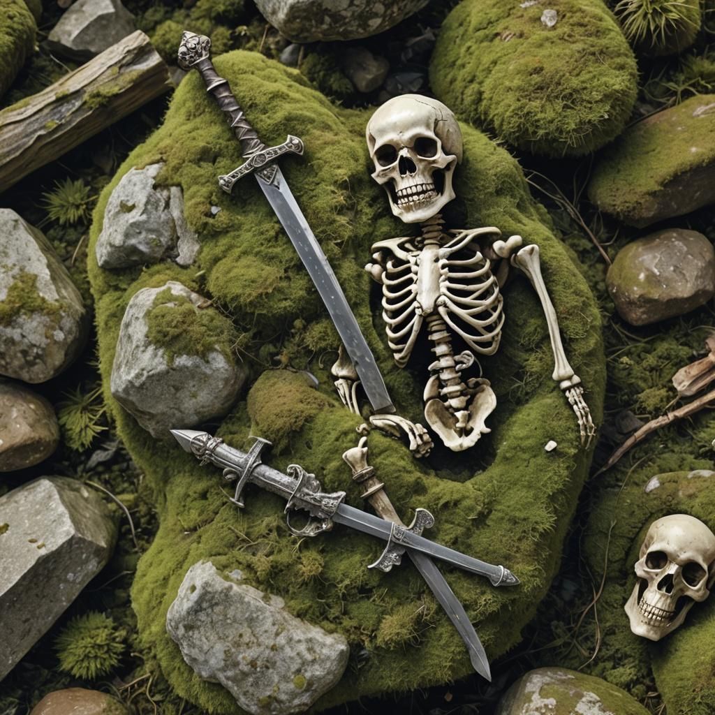 Skeleton and Sword on Rocky Moss Ledge