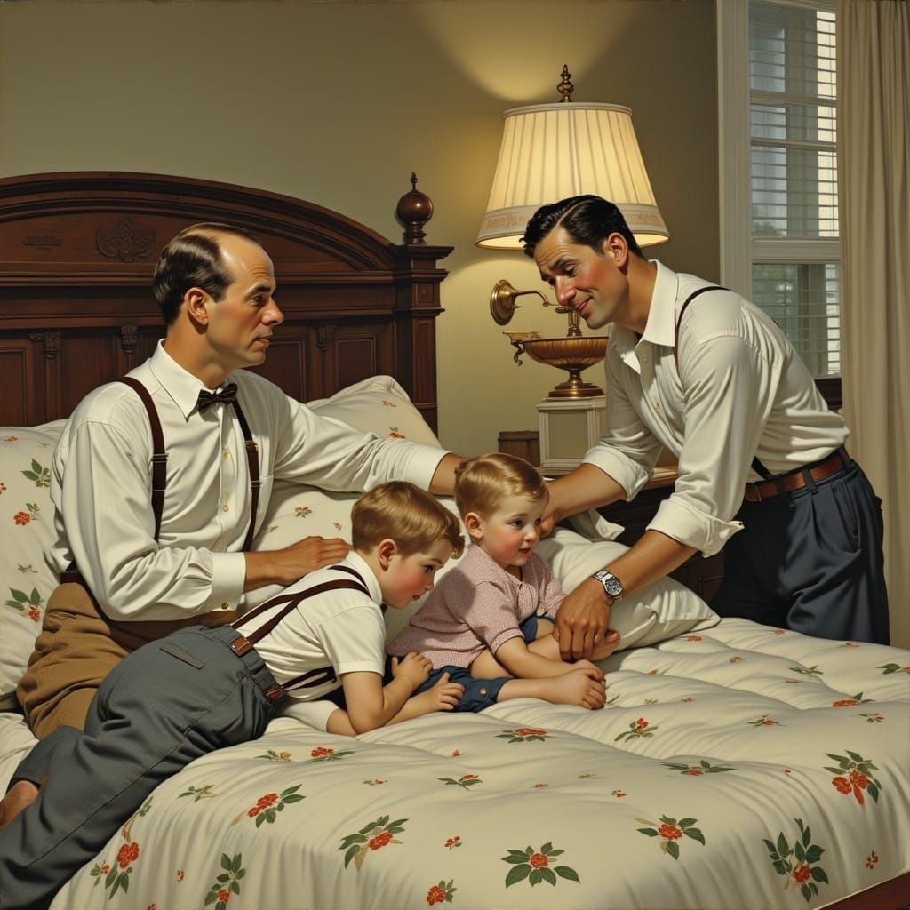 Two Fathers Tuck in Their Children in a Cozy 1950s Home