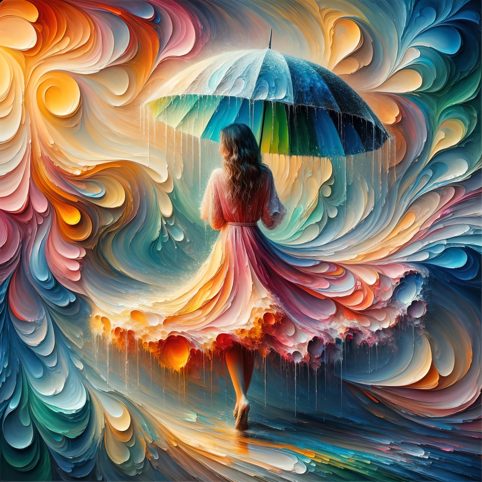 Girl with Umbrella in Rain: Hyper-Realistic Pastel Painting