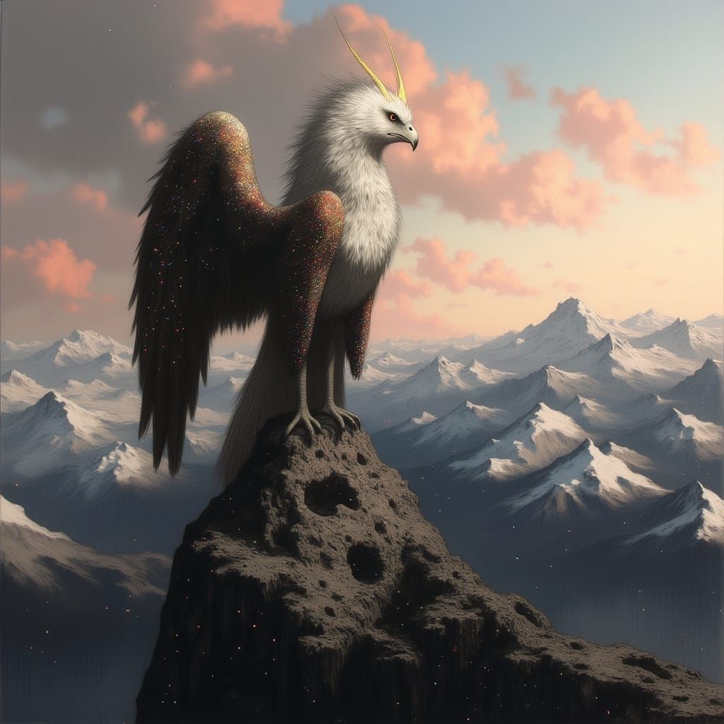 Majestic Griffin Soars Above Snow-Capped Peaks in Golden Daw...