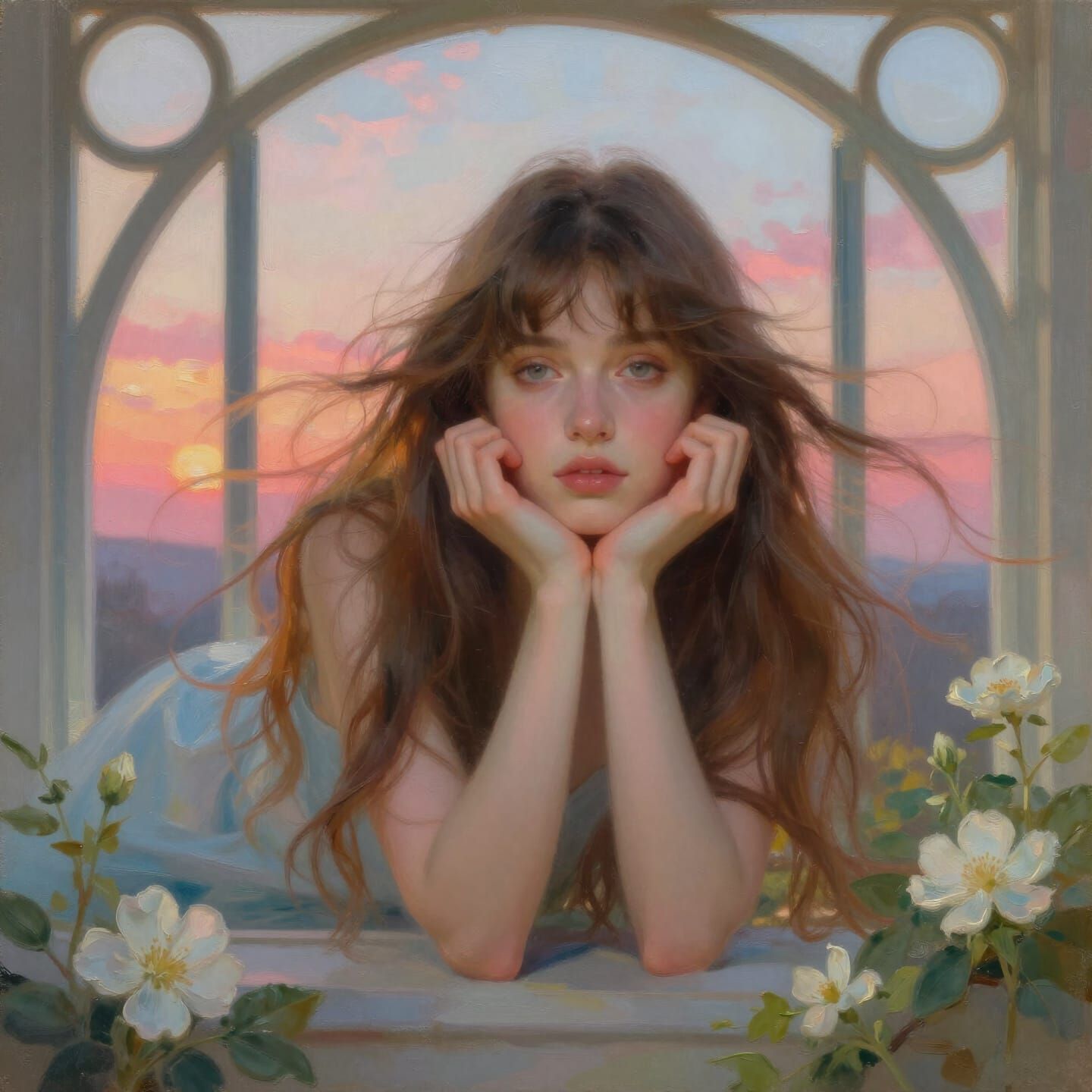 Ethereal Woman Contemplating Sunset in Impasto Oil Painting