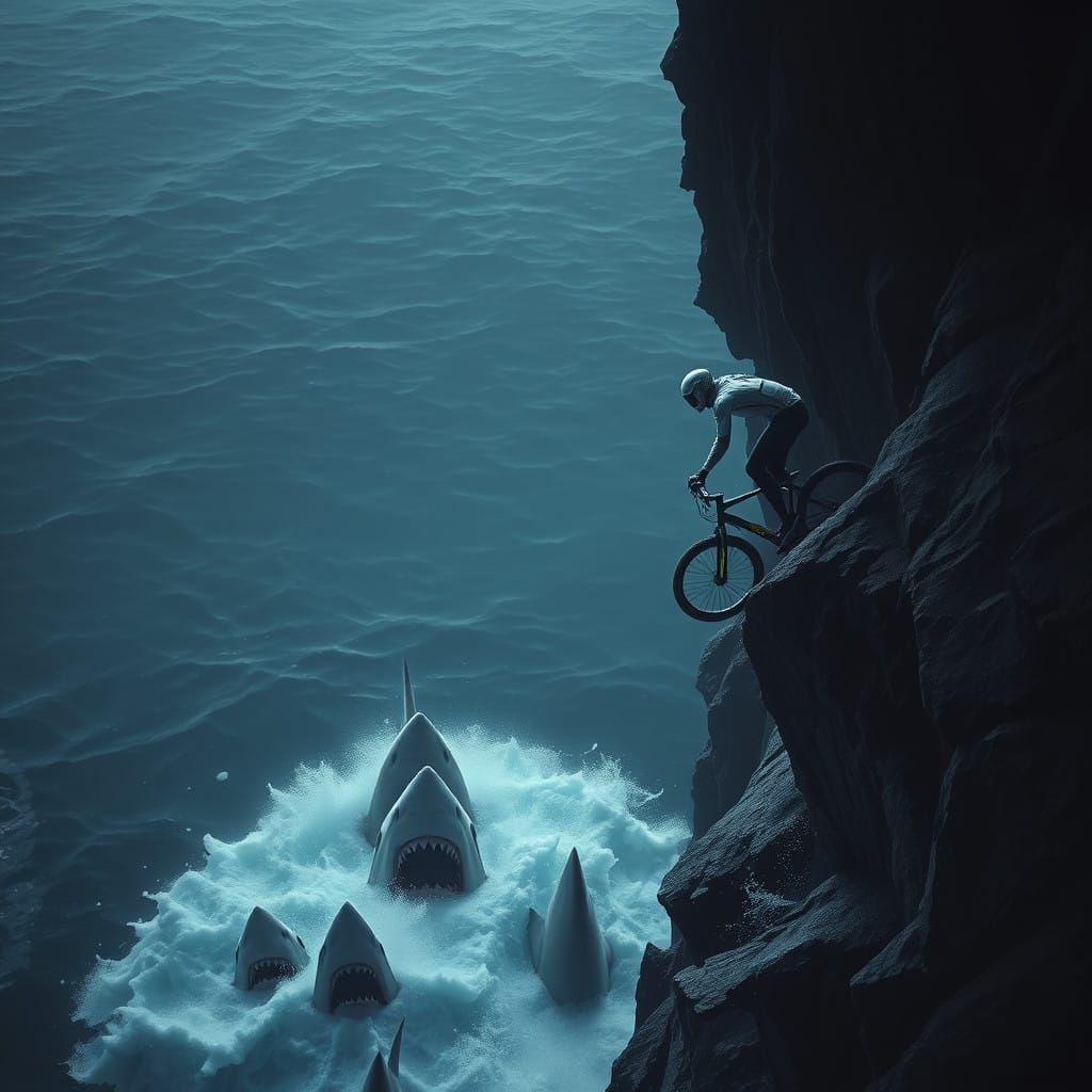 Futuristic Biker Leaps off Cliff into Dark, Shark-Infested W...