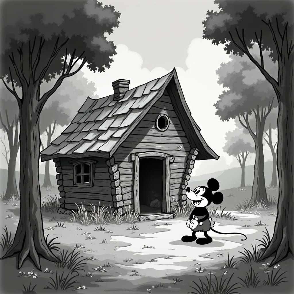 Quaint Mountain Shack in Early Disney Animation Style