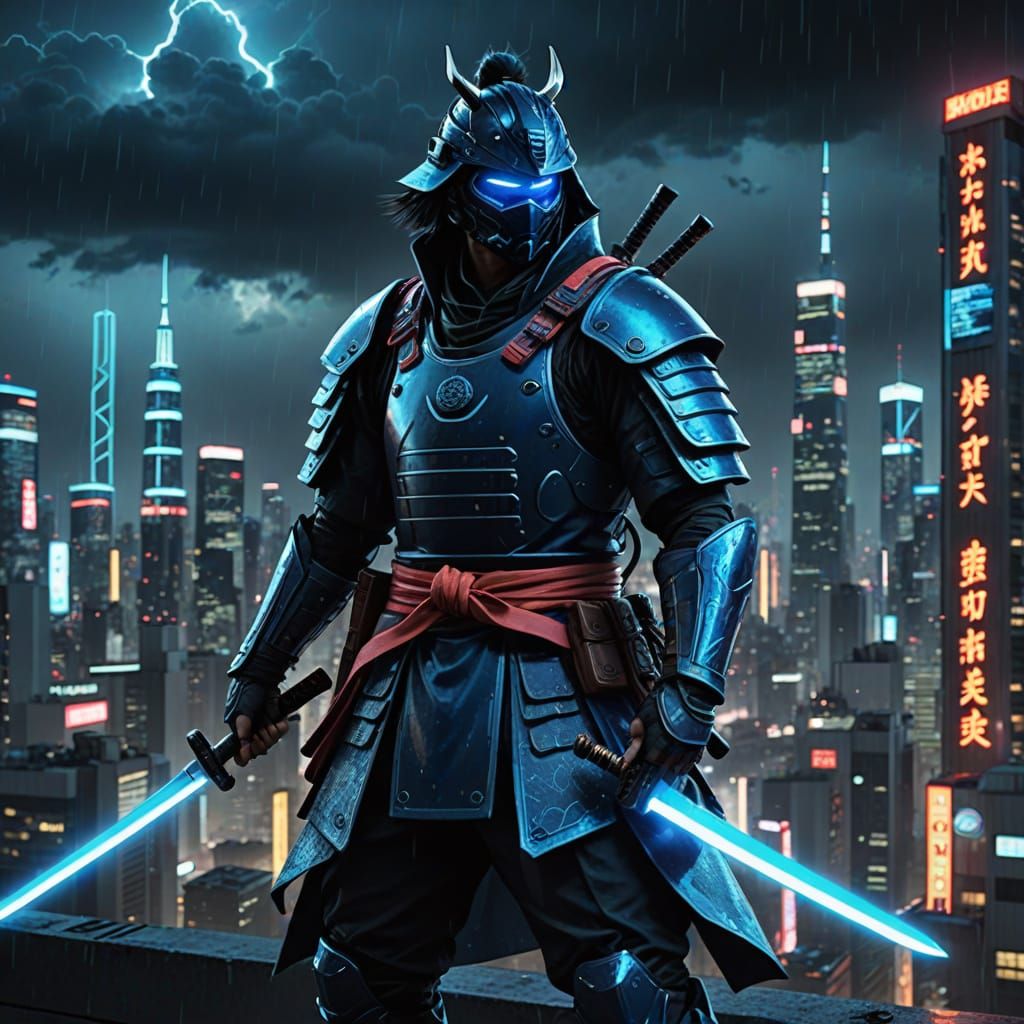 Futuristic Samurai on Skyscraper Rooftop Amidst Electric Sto...