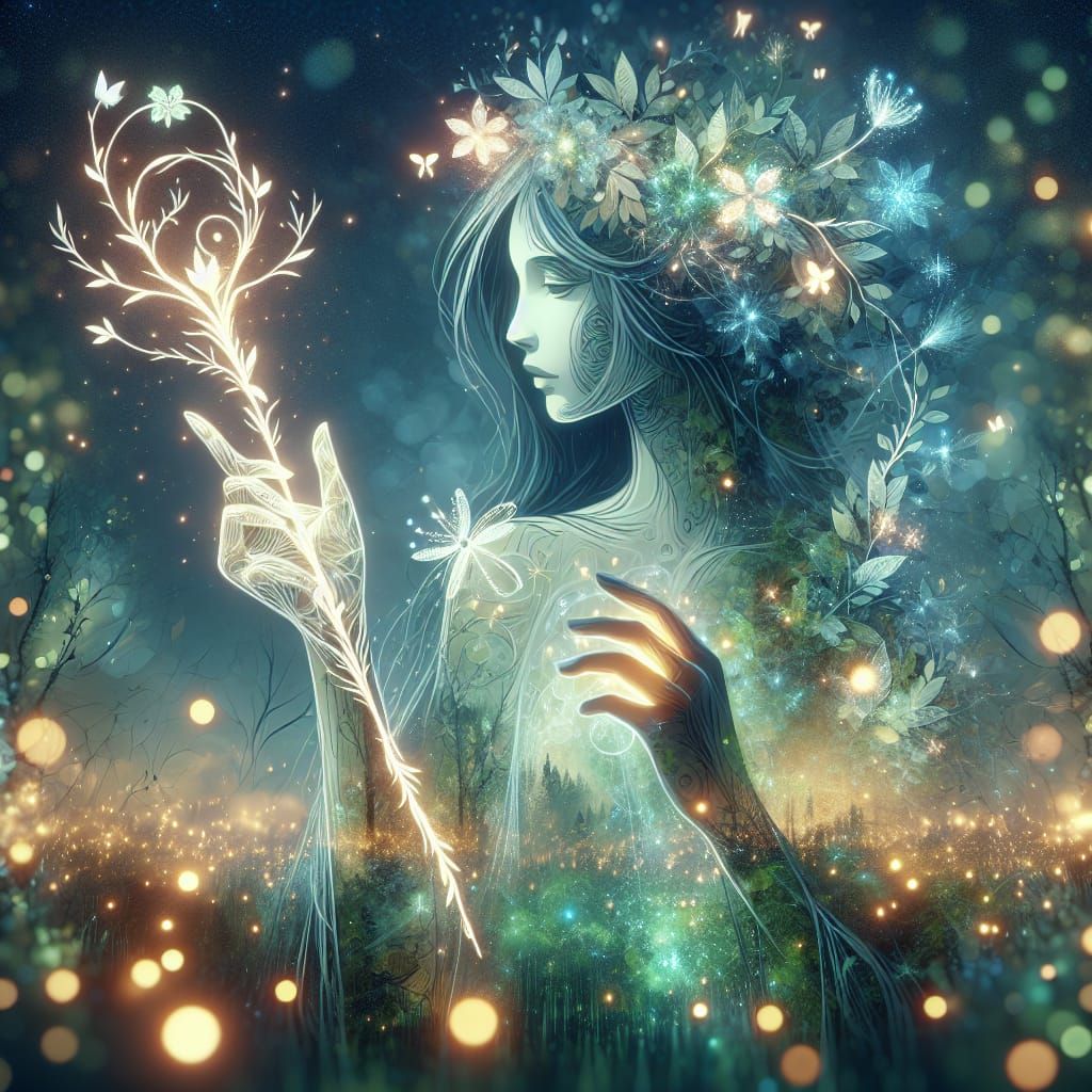 Enchantress in Forest Double Exposure: Fantasycore Concept A...