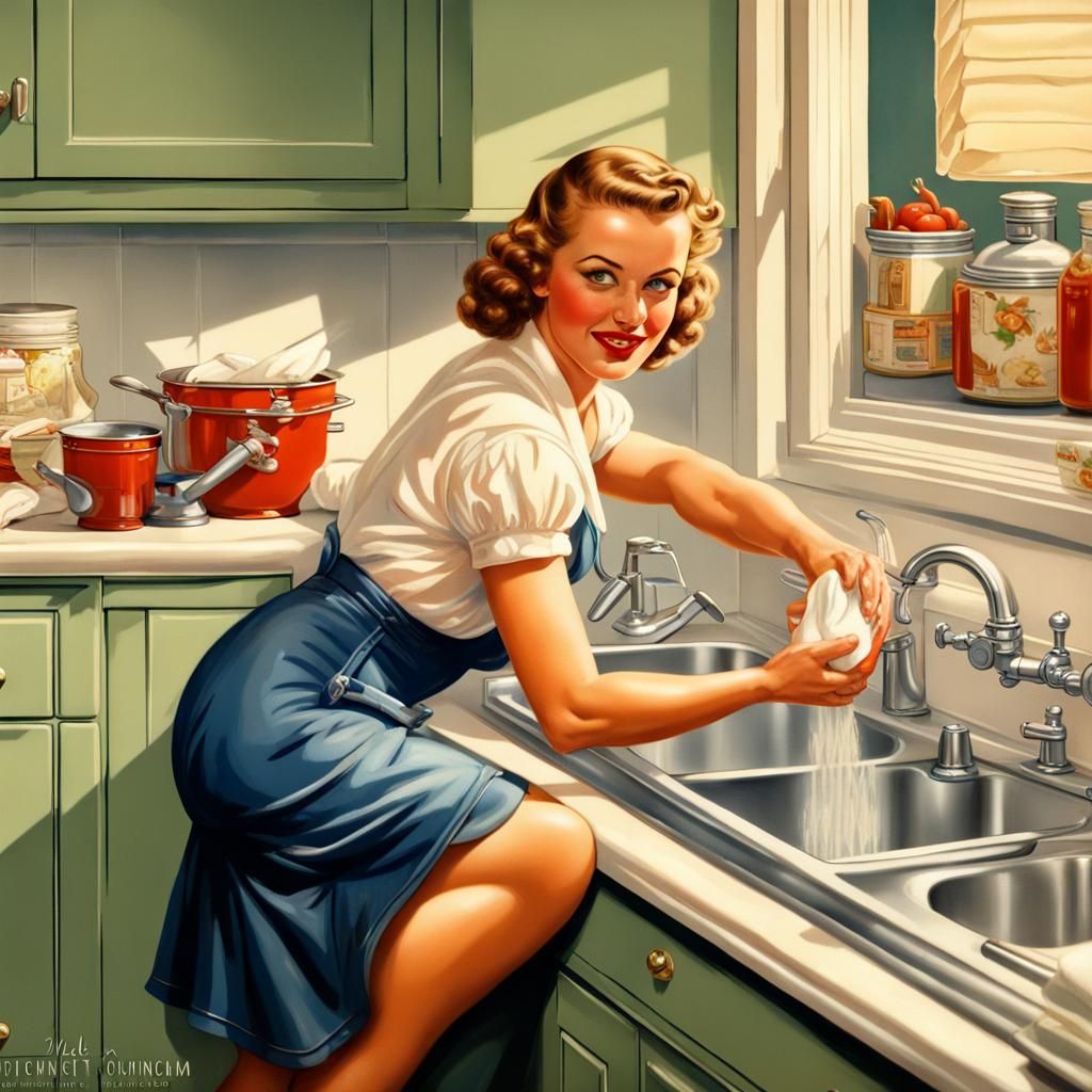 1930s Pin-Up Girl Washing Dishes: Hyperrealistic Art