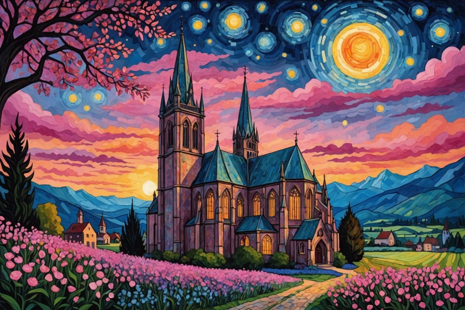 Gothic Church with Pink Flowers in Watercolor Style
