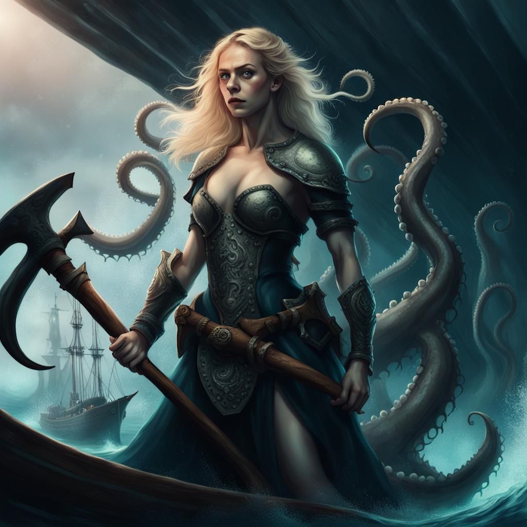 Brave Warrior Woman Battles Giant Octopus at Sea