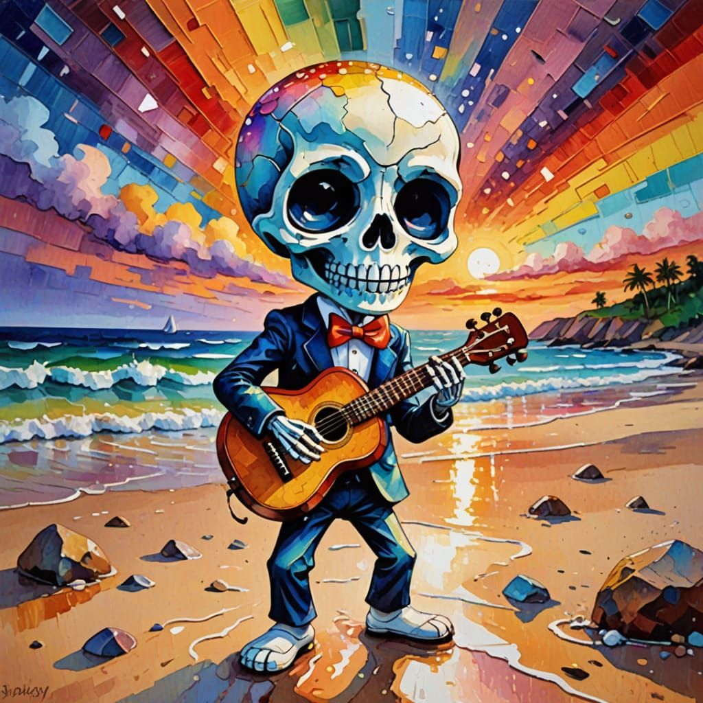 Vibrant Chibi Skeleton Dances on Beach Sunset