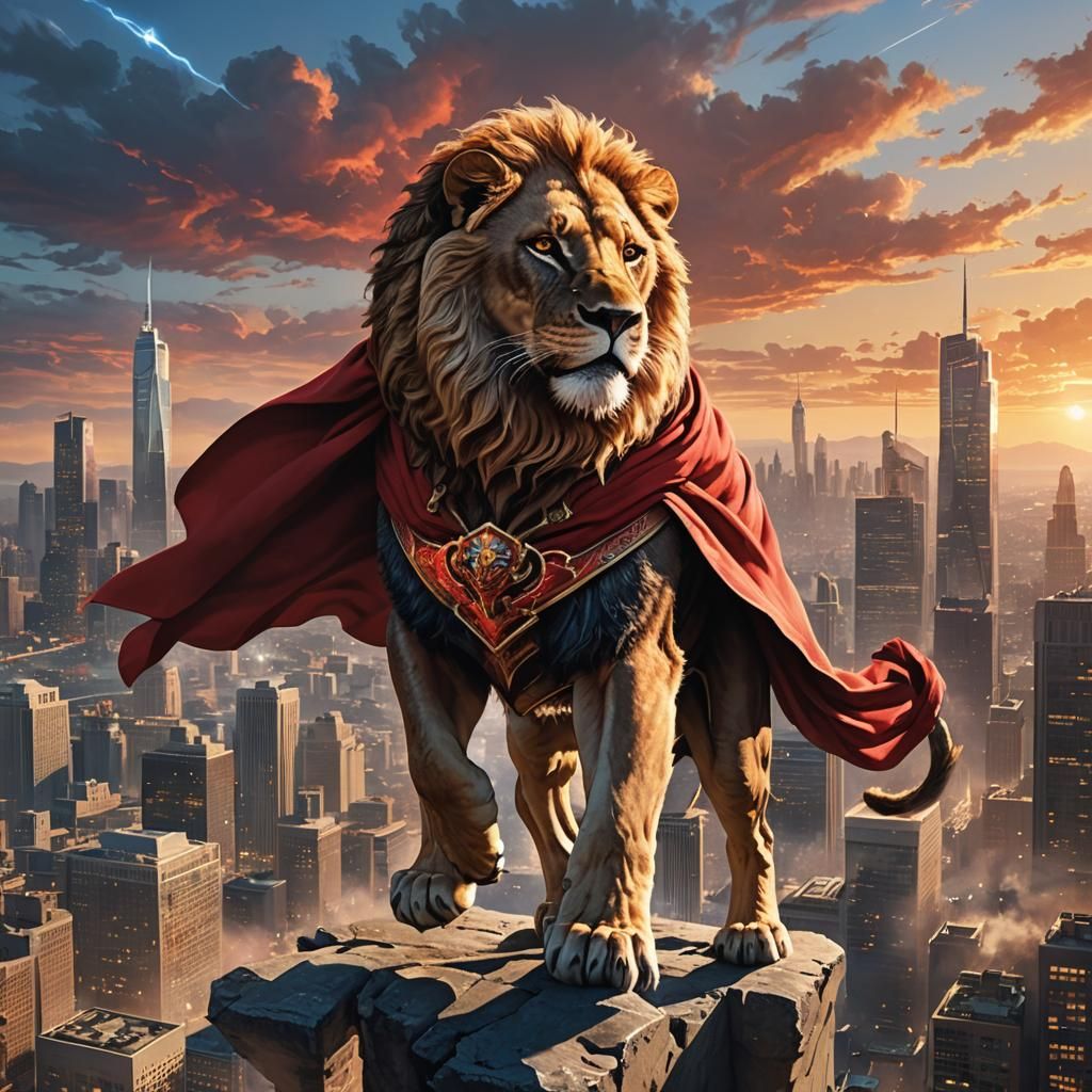 A majestic lion adorned in a shimmering red cape, gracefully...