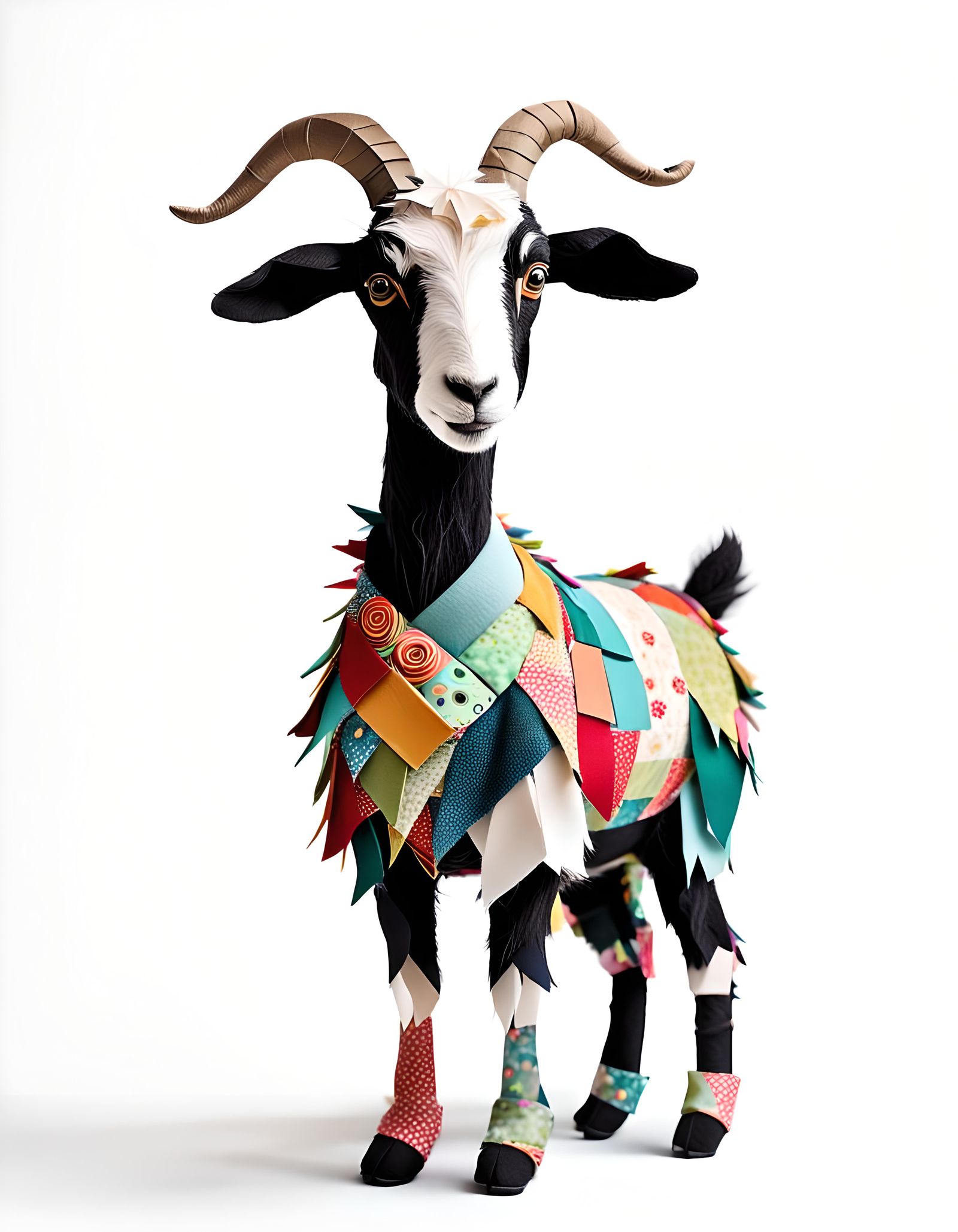 Fabric Scrap Goat Sculpture on White