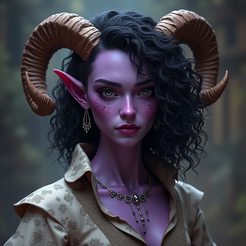 Tiefling Cleric with Ram Horns in Dark Fantasy Style