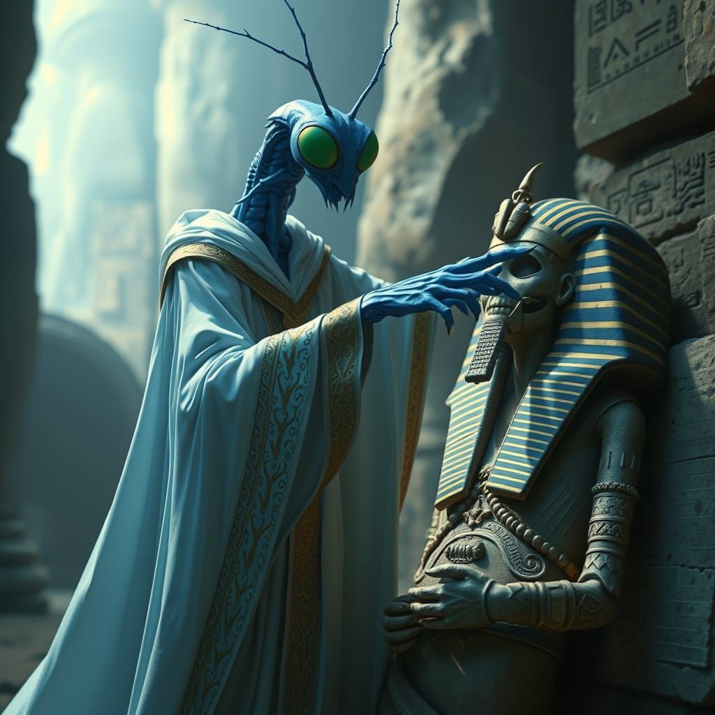 Mantis Figure Points to Pharaoh Mummy in Surreal Style