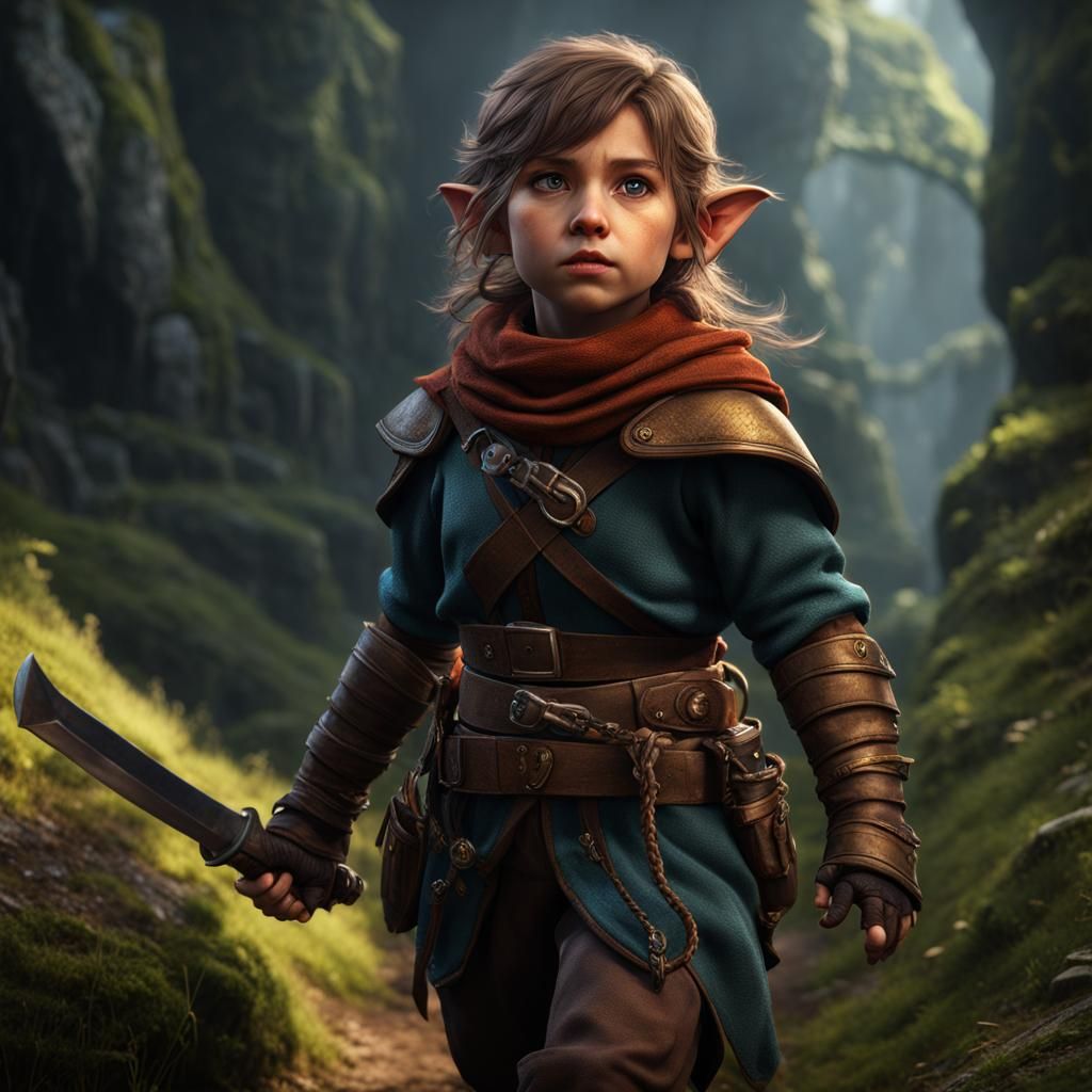 Hyperrealistic Halfling Rogue in Detailed Matte Painting