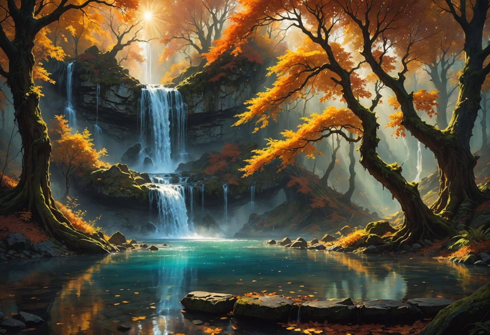 Enchanting Autumn Waterfall in Magical Forest Clearing