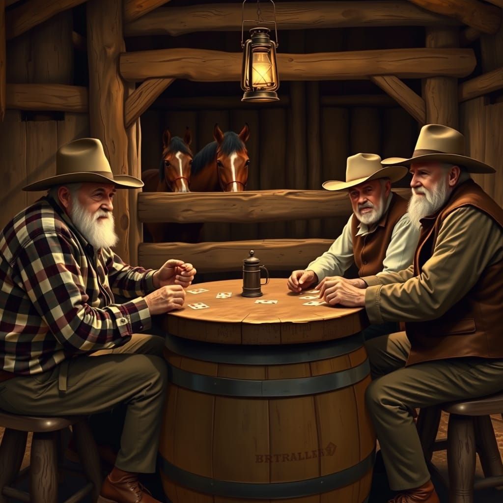 A detailed western-style painting of three elderly white men playing cards around a wooden barrel table in a rustic barn...
