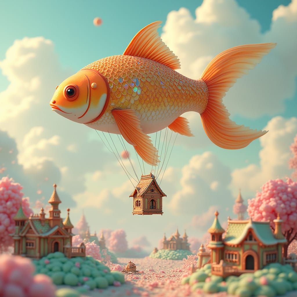 Goldfish Balloon in Cotton Candy Sky, Fantasy Art