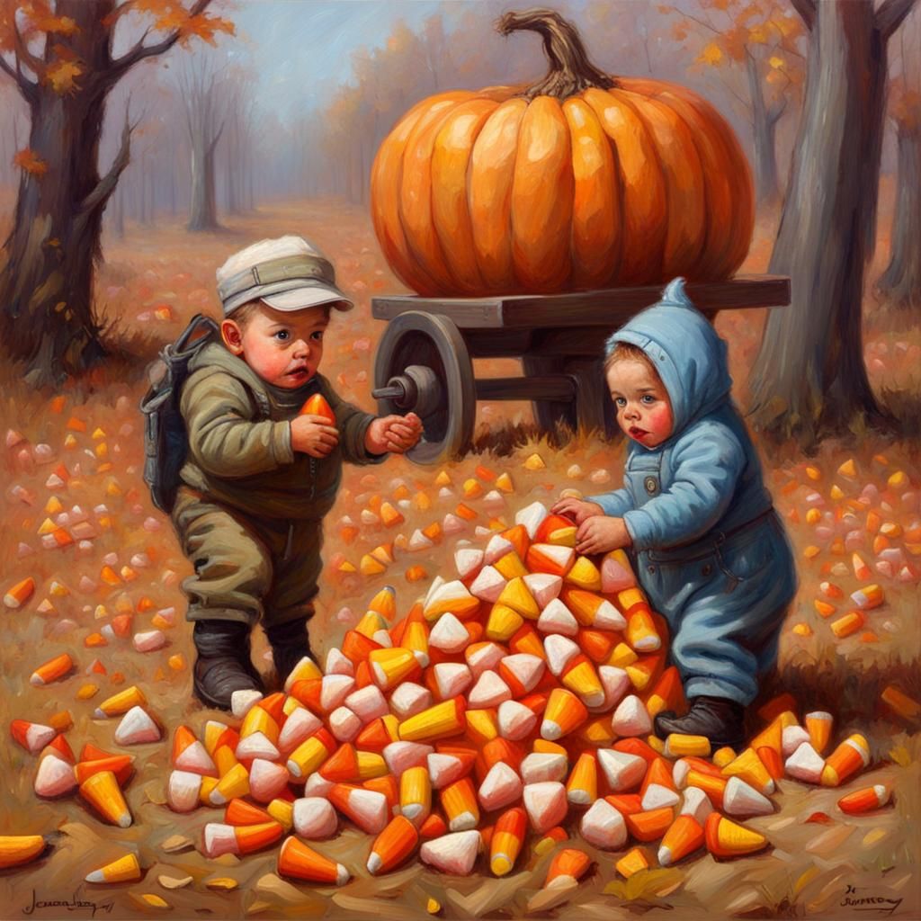 Baby bubblegum monsters harvesting candy corn and bubblegum in autumn