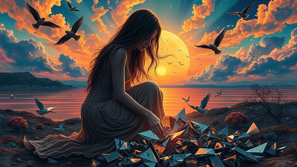 Woman Embodies Resilience in Surreal Dreamscape