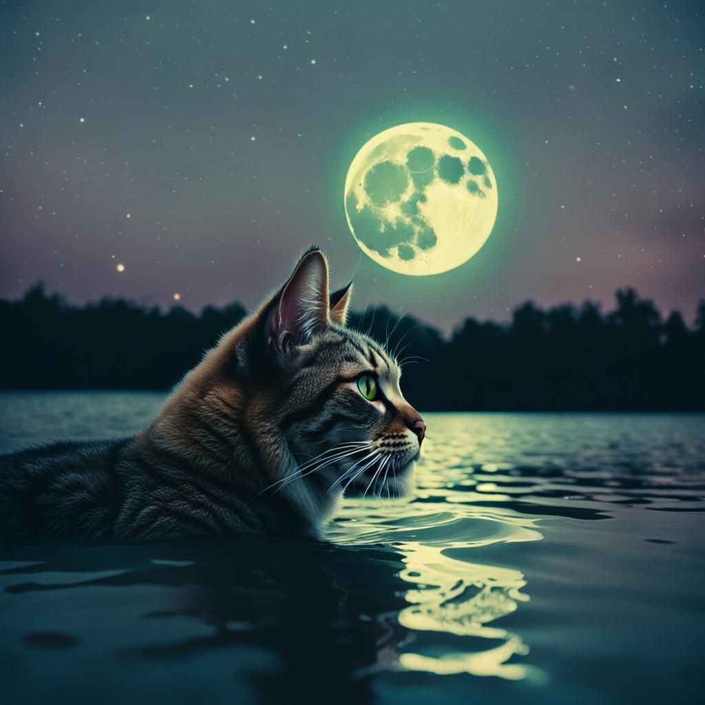 Cinematic Cat Face Reflected in Moonlit Water
