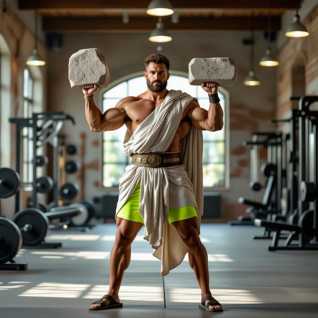 History Teacher Lifts Stone Tablet Barbell in Modern Gym