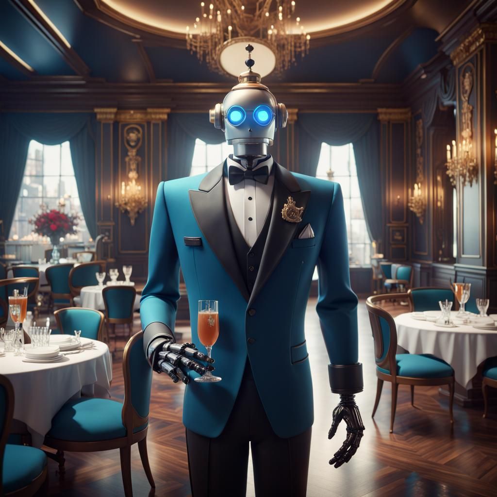 Retro-Futuristic Robot Butler in Royal Restaurant