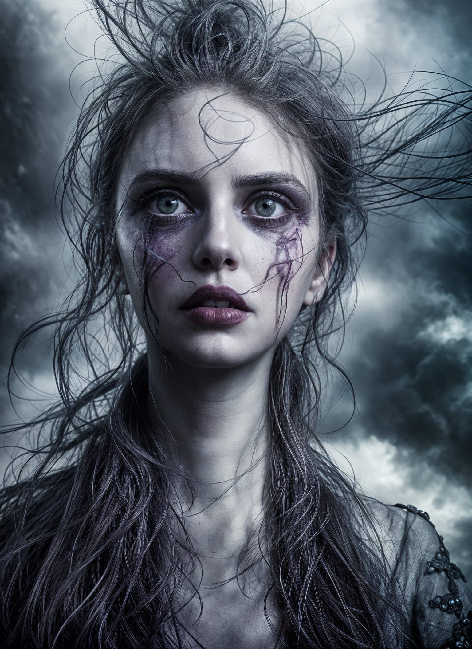 Haunted Portrait in Dystopian Film Noir Style