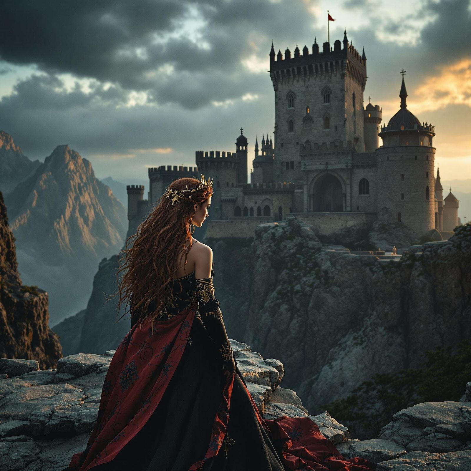 Elegant Queen in Crimson Gown at Medieval Fortress